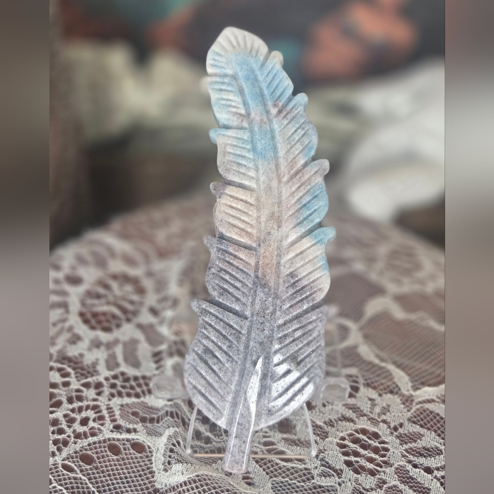 Handcrafted Blue and Silver Feather Sculpture - Home Art